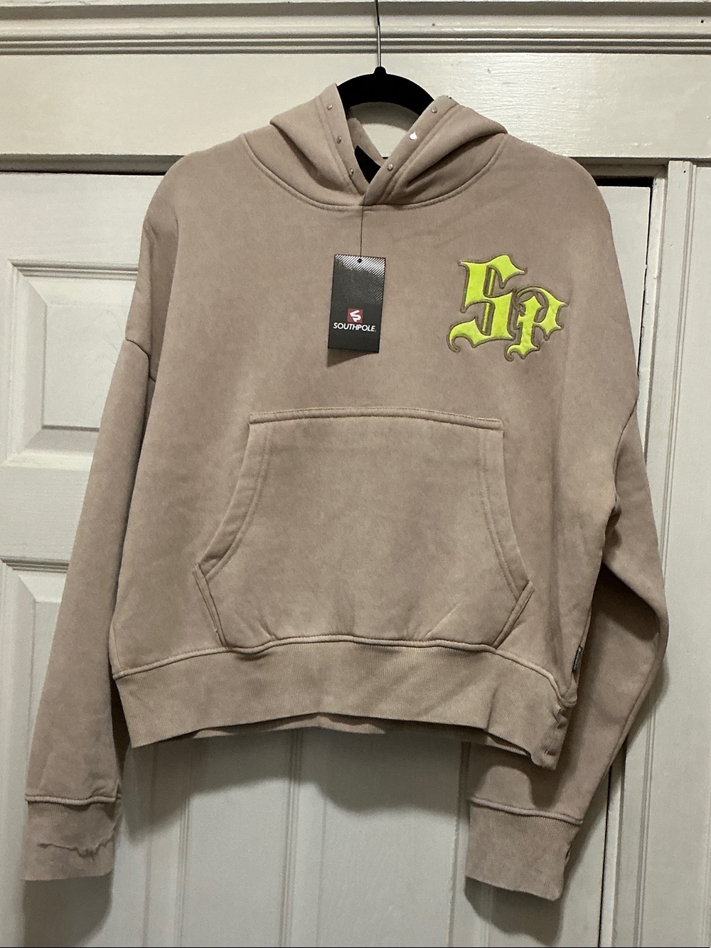 South Pole Taupe Crewneck Hoodie with Neon Yellow Logo